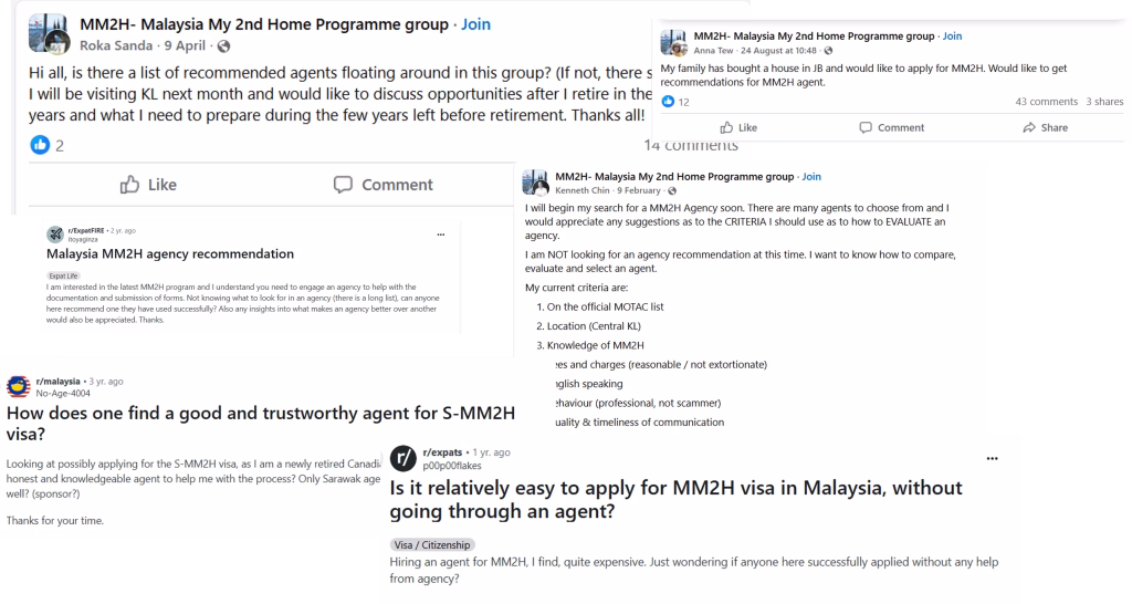 screenshot of expatriates asking facebook groups and subreddits for mm2h agent recommendations