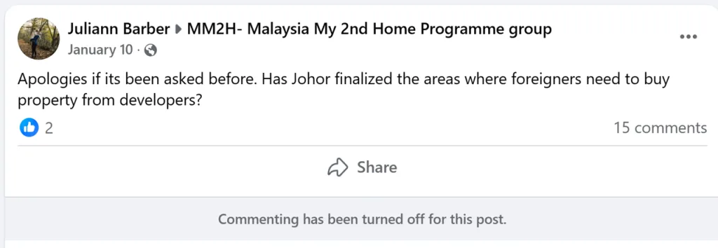 screenshot of mm2h applicant confused about johor property requirements